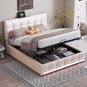Letto matrimoniale 140x200 cm imbottito con LED, 2 porte USB e contenitore beige