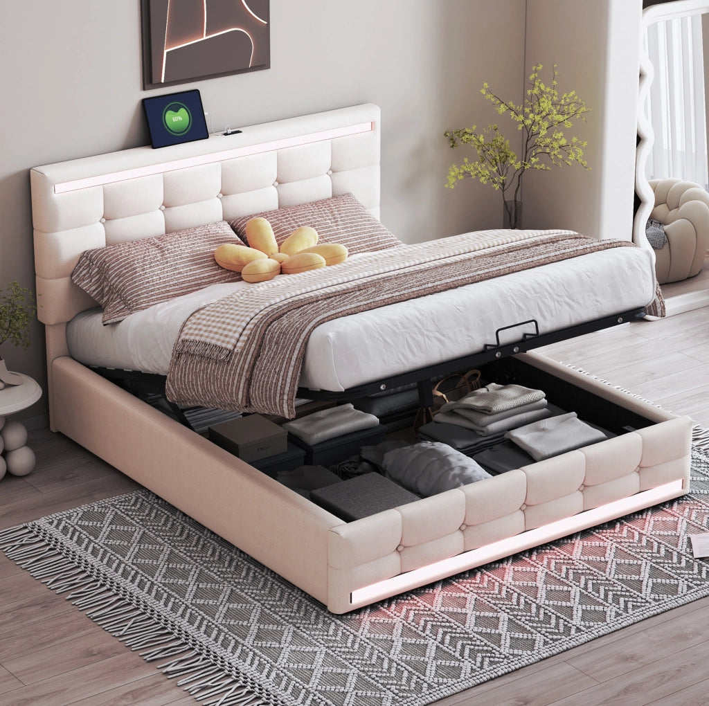 Letto matrimoniale 140x200 cm imbottito con LED, 2 porte USB e contenitore beige