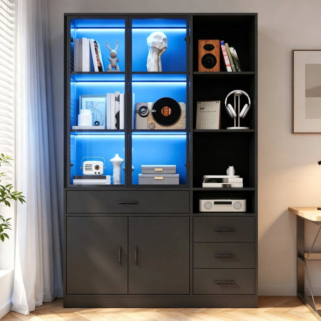 Hochschrank con vetrina in vetro, 120 x 35 x 200 cm, con 4 cassetti, 13 vani, LED, colore nero
