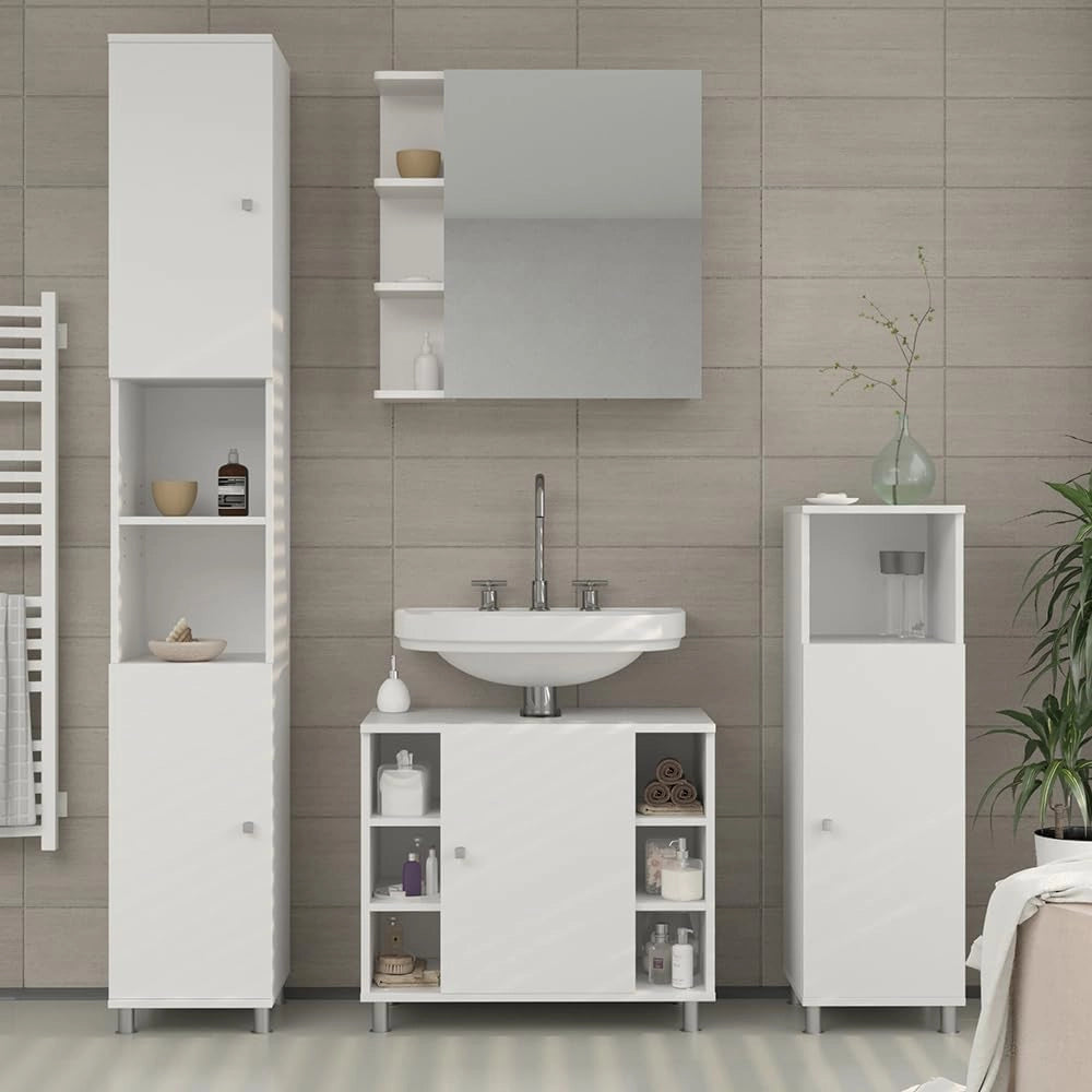 Specchio contenitore bagno Fynn, Bianco, 62 x 64 cm, per montaggio a parete con ripiani aperti