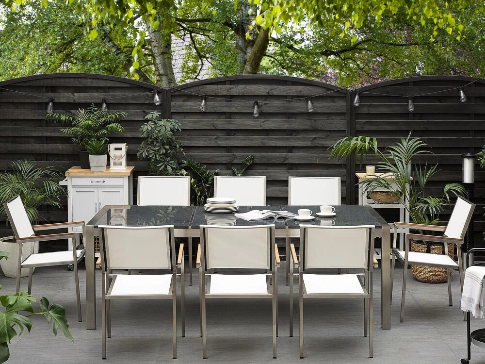 Set da pranzo da giardino bianco con piano in granito grigio 8 posti 220 x 100 cm