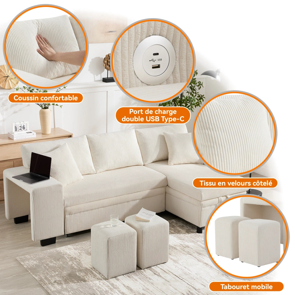 Divano Angolare Convertibile 3 Posti con Vano Contenitore, USB e Type-C, Cuscini, in Velluto a Coste Beige 231 × 131.5 × 84 cm