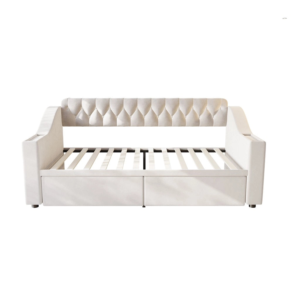 Letto Imbottito con Cassetto e USB ¨C MINIMAL ¨C Velluto Beige 90x190