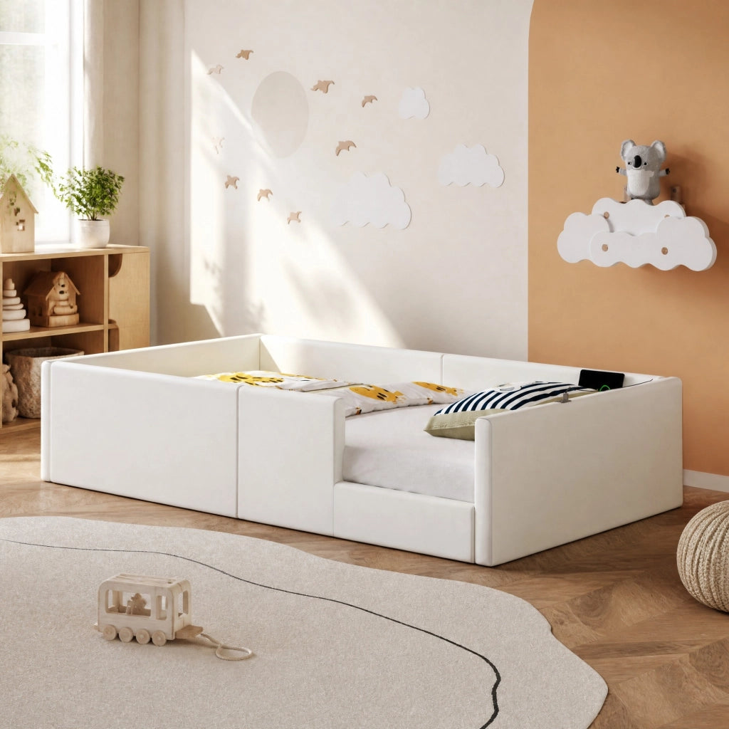 Letto a piattaforma 90x200 cm con sponde imbottite e stazione di ricarica USB/Type-C; bianco