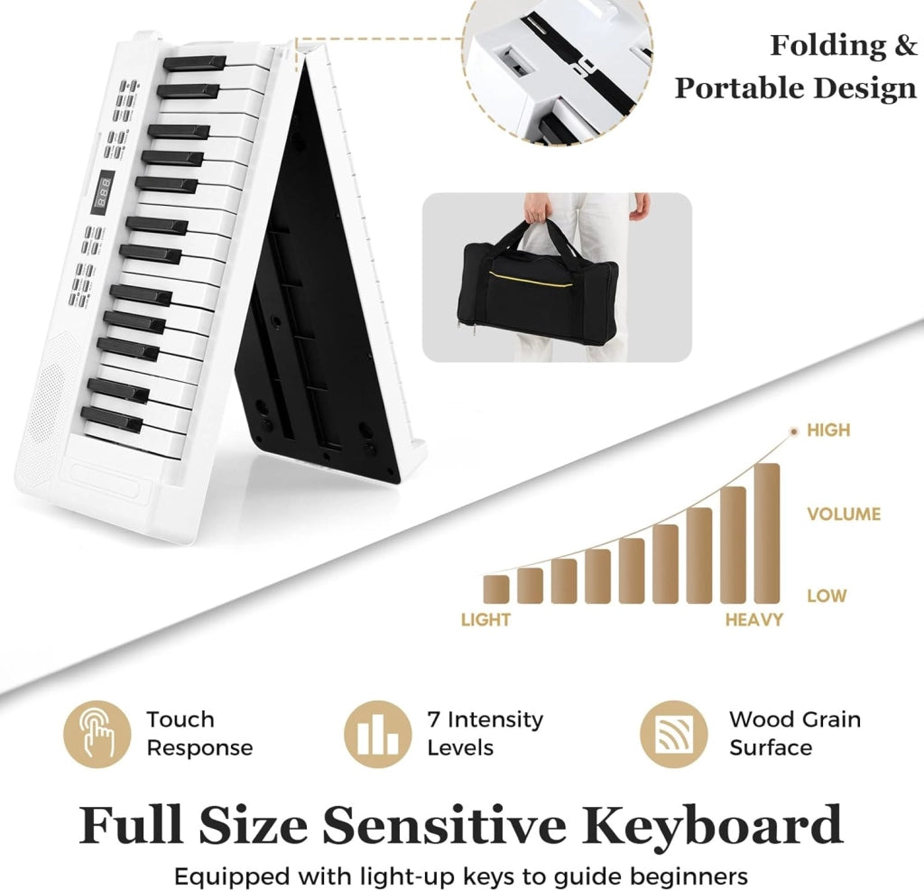 Pianoforte digitale pieghevole a 61 tasti, tastiera con auricolari, pedale, leggio, pianoforte digitale con 128 suoni e ritmi, tastiera per pianoforte con tasca (bianco)