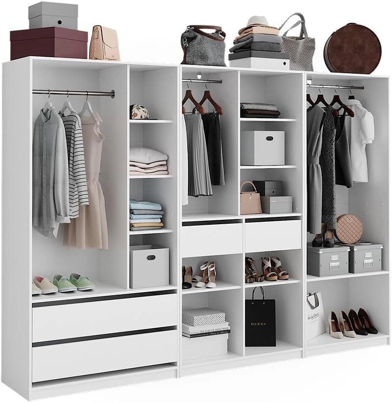 Armadio Elmo, Bianco, 280 x 200 cm Set di 3, per una conservazione flessibile di diversi capi di abbigliamento