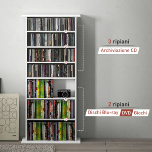 Scaffale Porta CD 58x24x124,5 cm con 6 Ripiani Regolabili Capacità di 360 CD/185 DVD Bianco