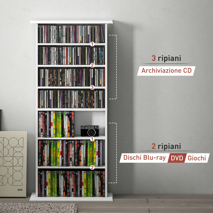 Scaffale Porta CD 58x24x124,5 cm con 6 Ripiani Regolabili Capacità di 360 CD/185 DVD Bianco