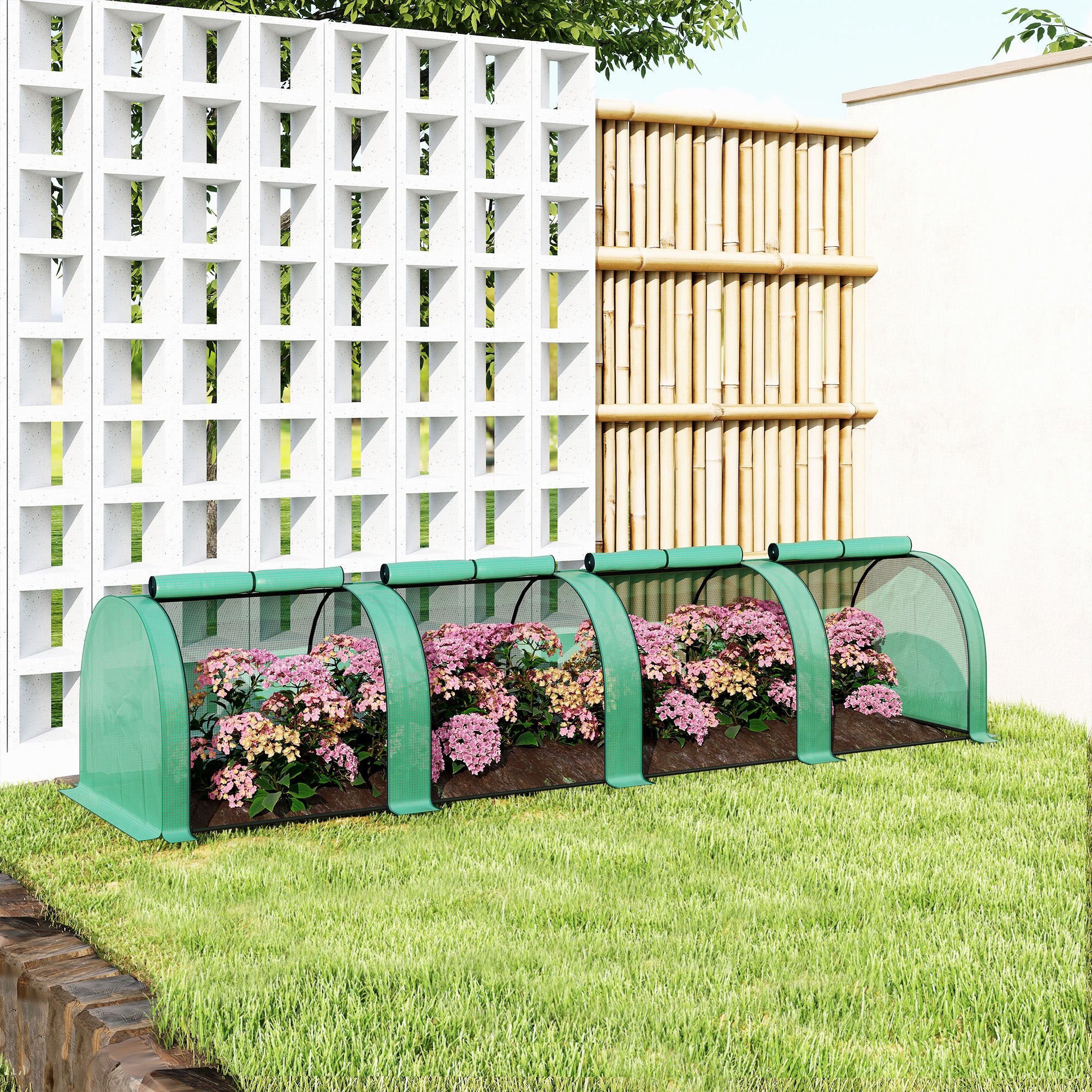 Serra a Tunnel 395x100x80 cm con 4 Porte in Acciaio e Plastica Impermeabile Anti UV Verde