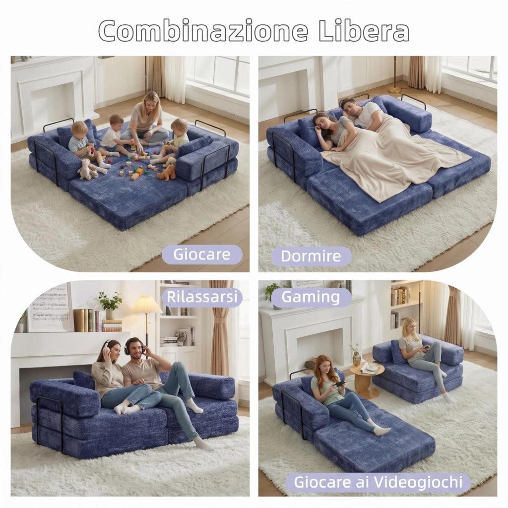 Divano compatto, divano letto pieghevole, moduli senza struttura, tessuto chenille, blu scuro