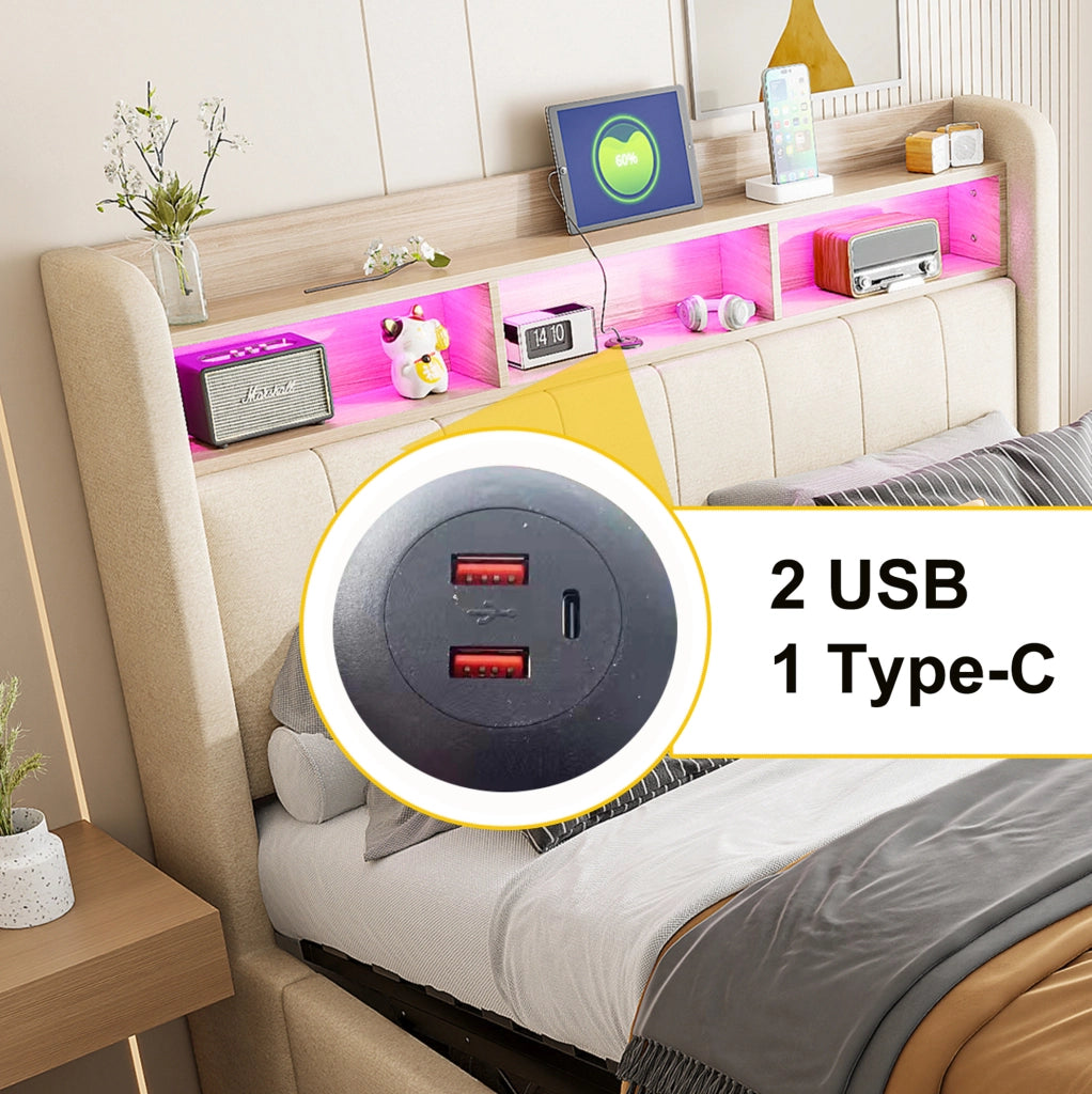 Letto matrimoniale imbottito 180x200 cm beige con LED e USB
