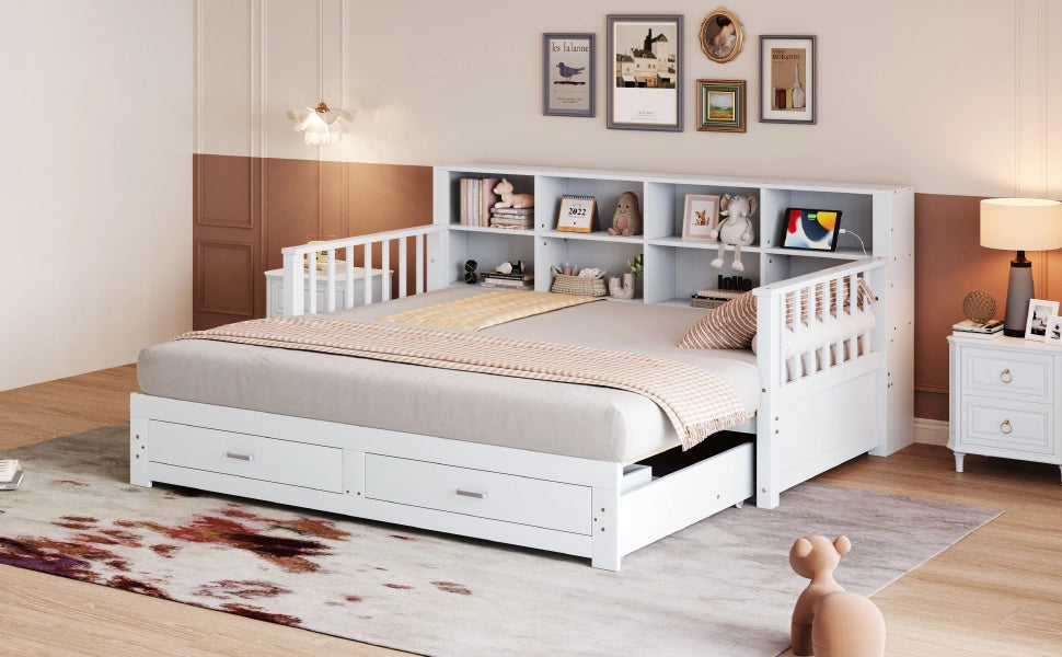 DESMIU Divano letto 90 × 190 cm 1 posto con ripiani, presa e 2 cassetti, senza materasso, bianco