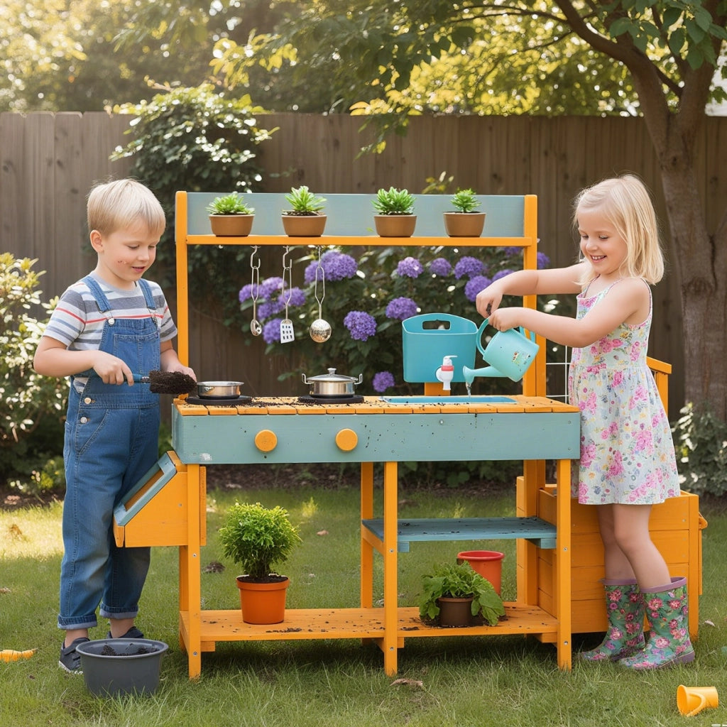 Cucina da esterno in legno per bambini 3-8 anni con accessori realistici, Cucina da gioco con cassettiera per piante Giallo