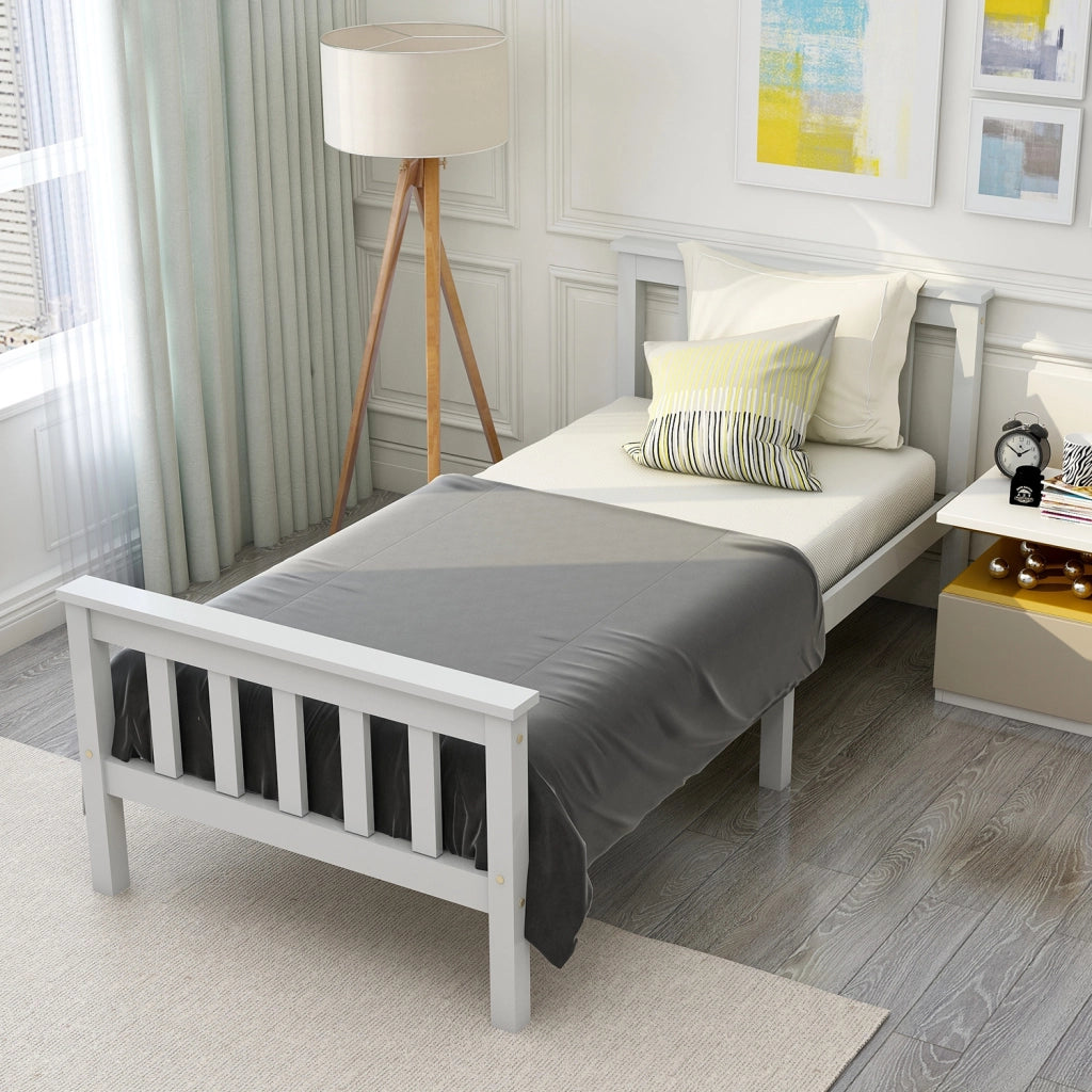 OKWISH Letto Singolo 90×200 cm con Testiera e Doghe Spesse, senza Materasso, in Legno Massello, Bianco