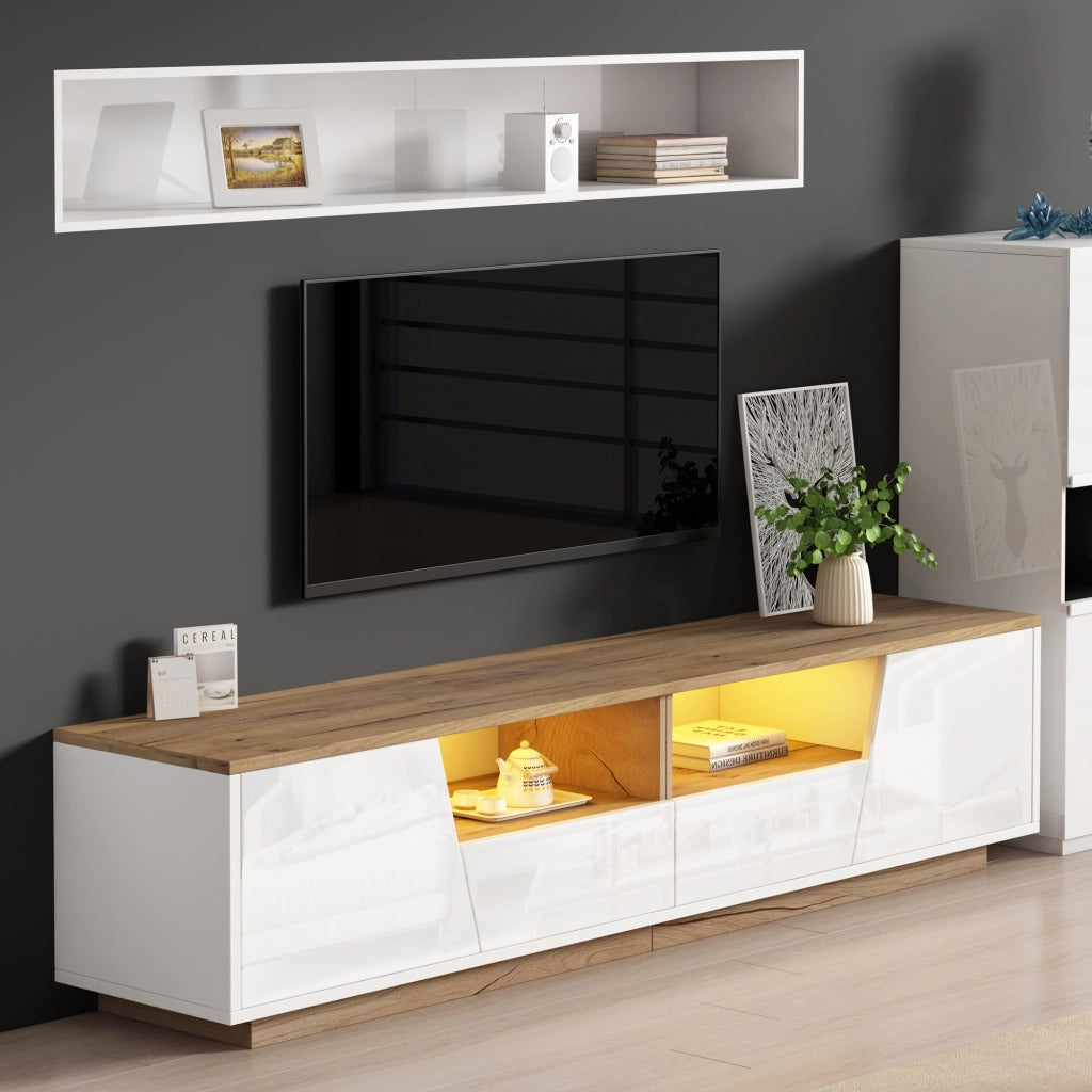 Mobile TV da 180x40x46 cm con 2 cassetti, 2 armadi e LED, design lucido frontale, colore bianco e legno naturale, per TV fino a 75 pollici