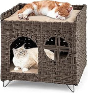 Casetta per Gatti in Rattan 50,5 x 45 x 50 cm, Cuccia a 2 Piani per Gatti con 2 Cuscini, Letto per Animali Domestici per Camera da Letto e Soggiorno