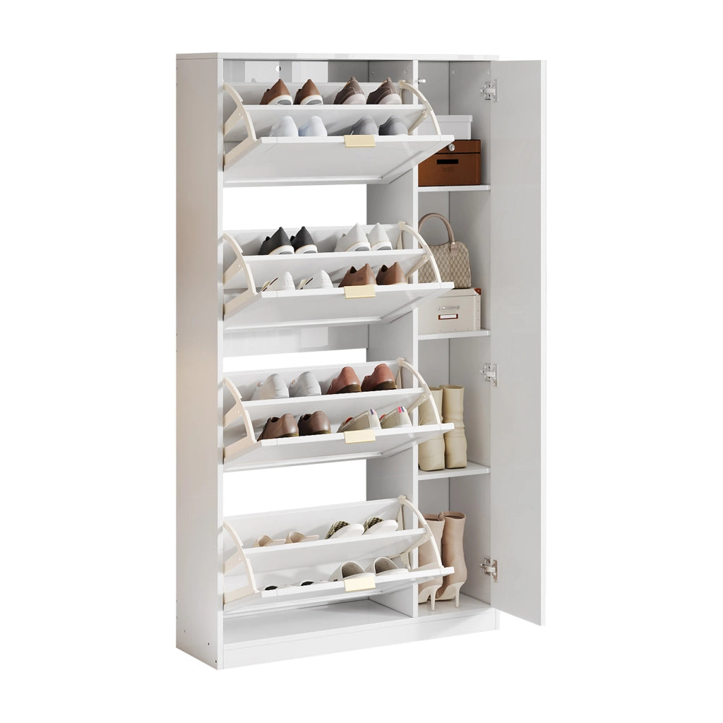 Mobile portascarpe con specchio, 4 vani contenitore estraibili, ripiani regolabili, bianco, 80x24x147 cm