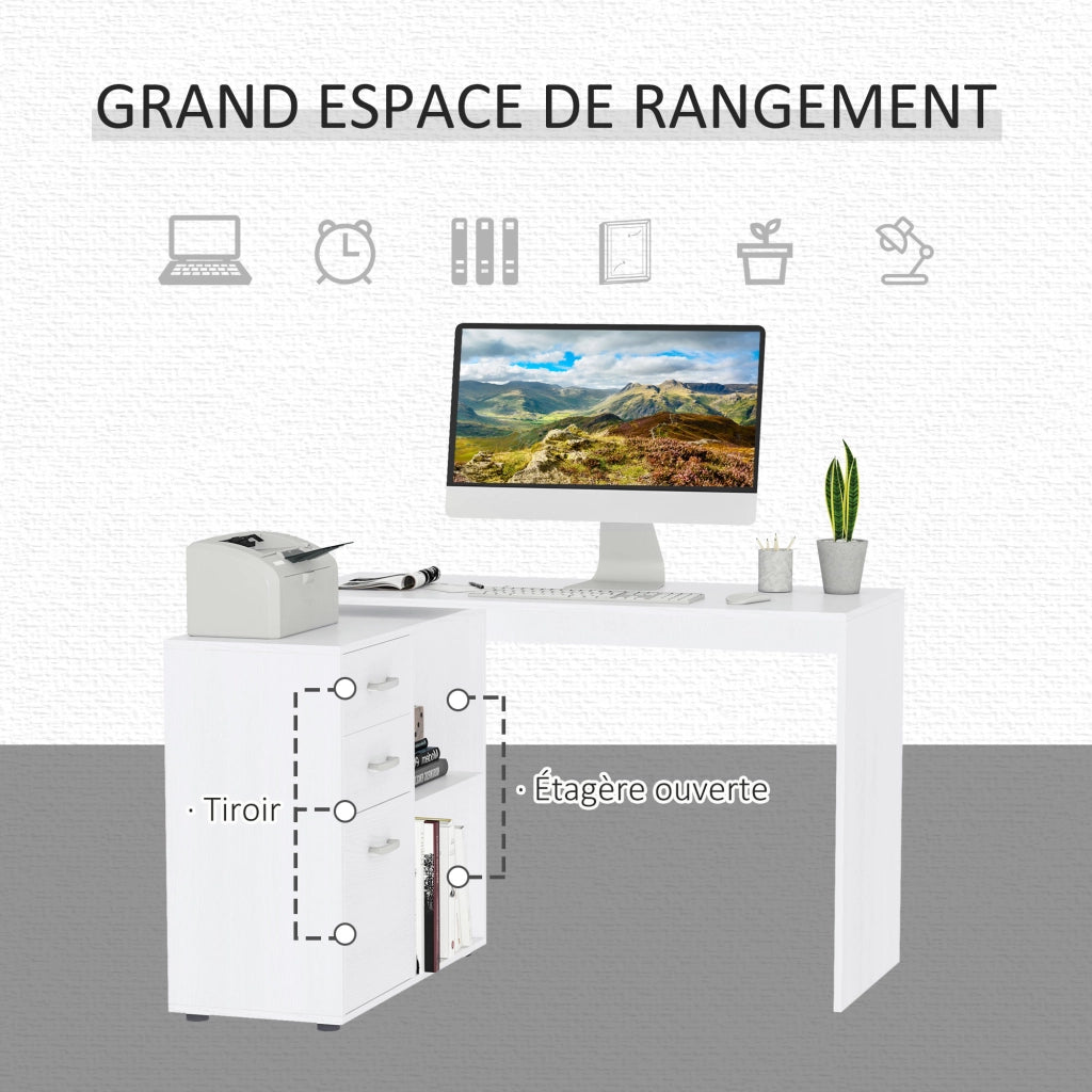 Scrivania angolare e dritta modulabile per computer, in MDF bianco con 3 cassetti e 2 vani, salvaspazio per casa e ufficio