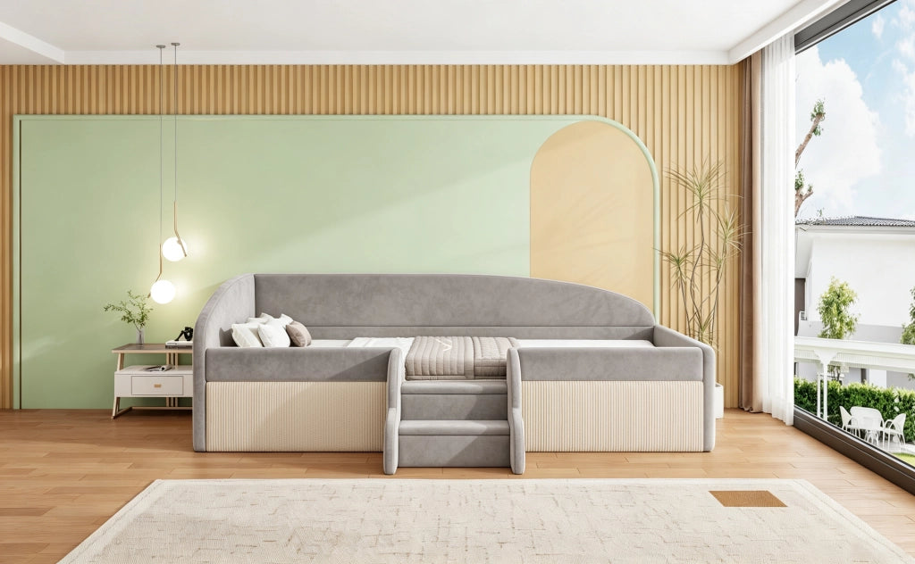 Letto imbottito per bambini con gradini e recinzioni, 90x190 cm, grigio