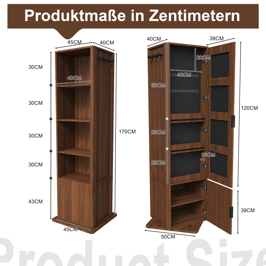 Mobile con specchio 4 in 1 girevole a 360 gradi con 6 ganci e ripiani aperti per camera da letto; in MDF; noce; 50×50×170 cm