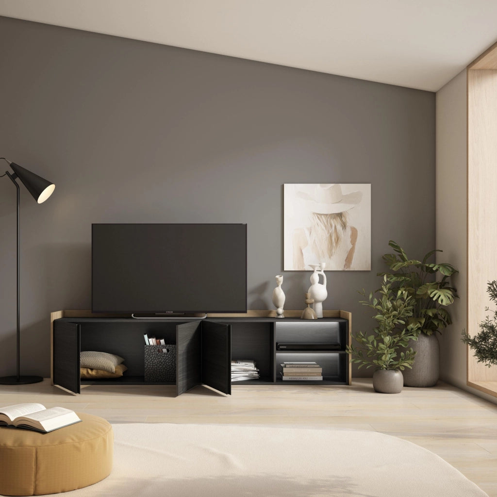 Mobile TV Soggiorno, 207x50x35 cm, Per TV fino a 80", LED, Nero e rovere