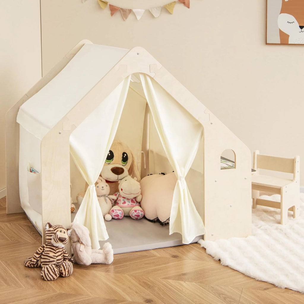 Tenda da Gioco per Bambini in Legno con Tappetino, 6 in 1 Capanna per Bambini Rimovibile per Interni, Casetta Tenda per Bambini, Regalo di Compleanno di Natale (Grigio 98 x 131 x 113 cm)