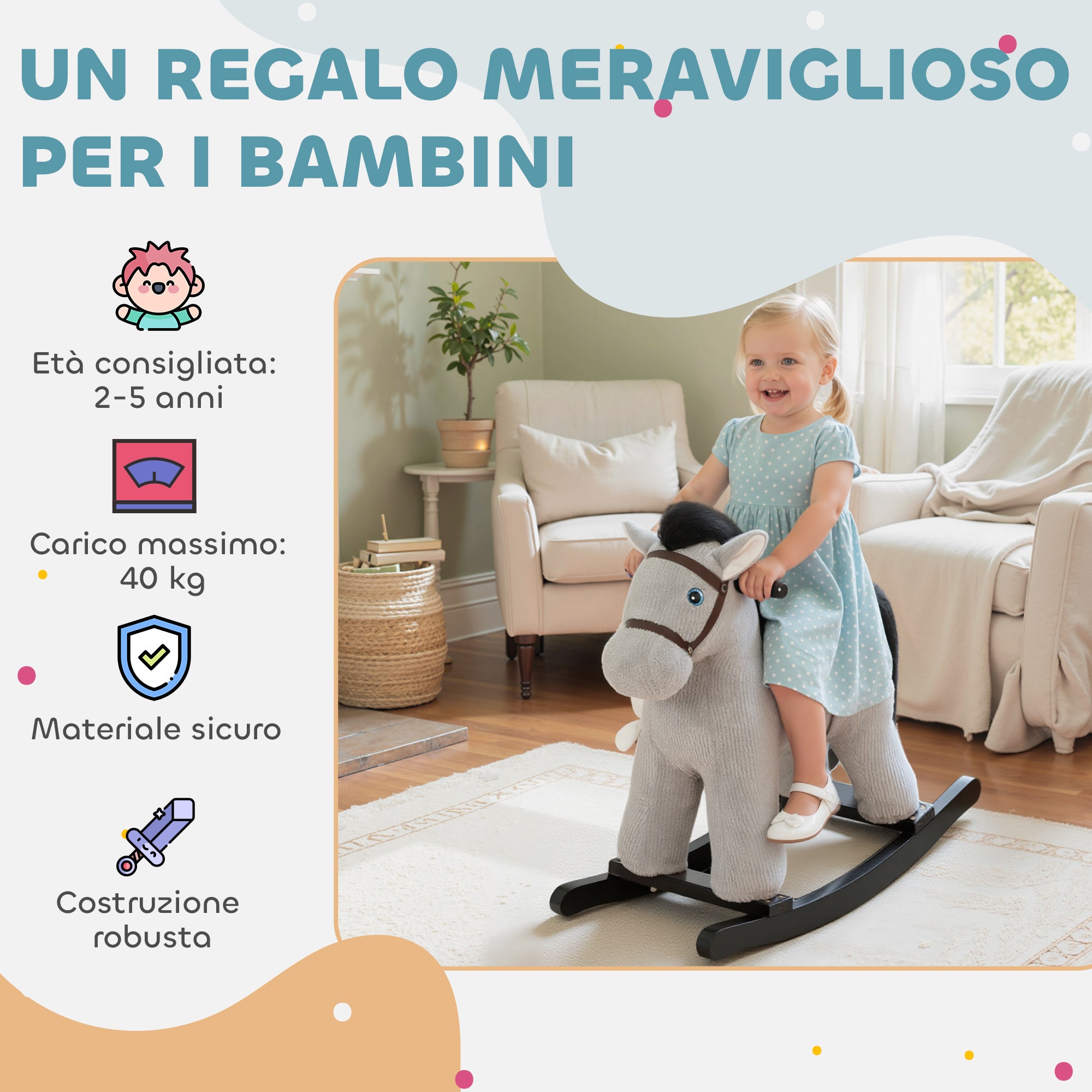 Cavallo a Dondolo con Suoni per Bambini da 2-5 Anni Coniglietto Incluso in Legno e Peluche Grigio