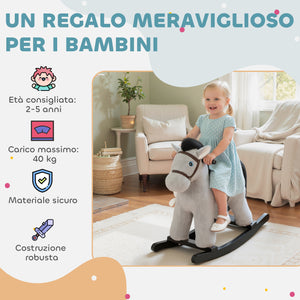 Cavallo a Dondolo con Suoni per Bambini da 2-5 Anni Coniglietto Incluso in Legno e Peluche Grigio