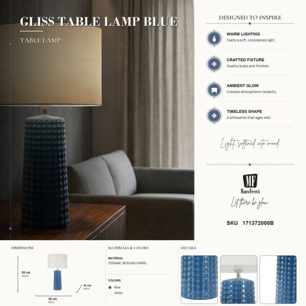 Lampada da tavolo Gliss in ceramica blu lucido e tessuto