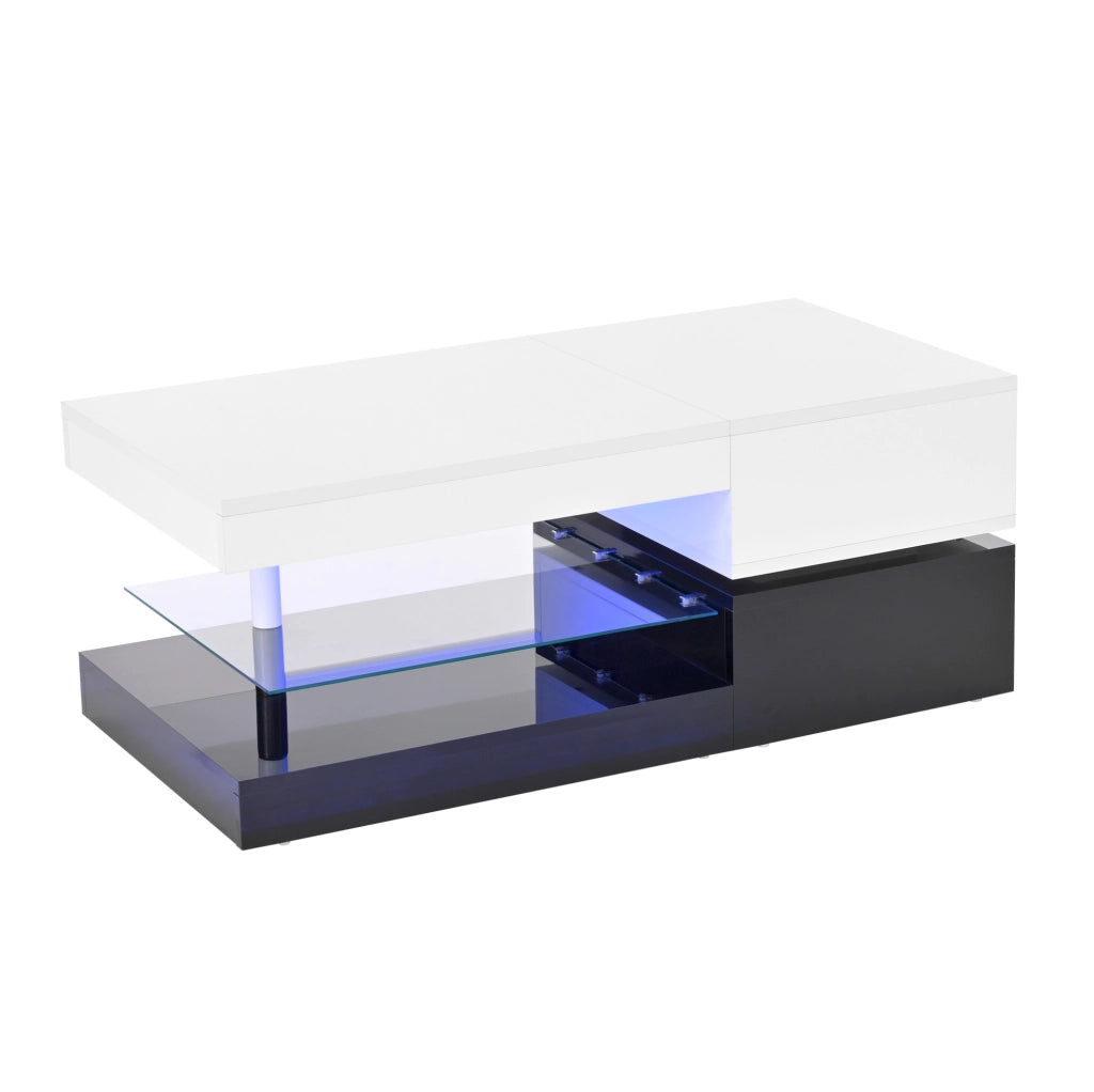 Tavolino da salotto moderno con LED; controllo APP e Bluetooth; 90 x 45 x 35;5 cm; nero e bianco lucido