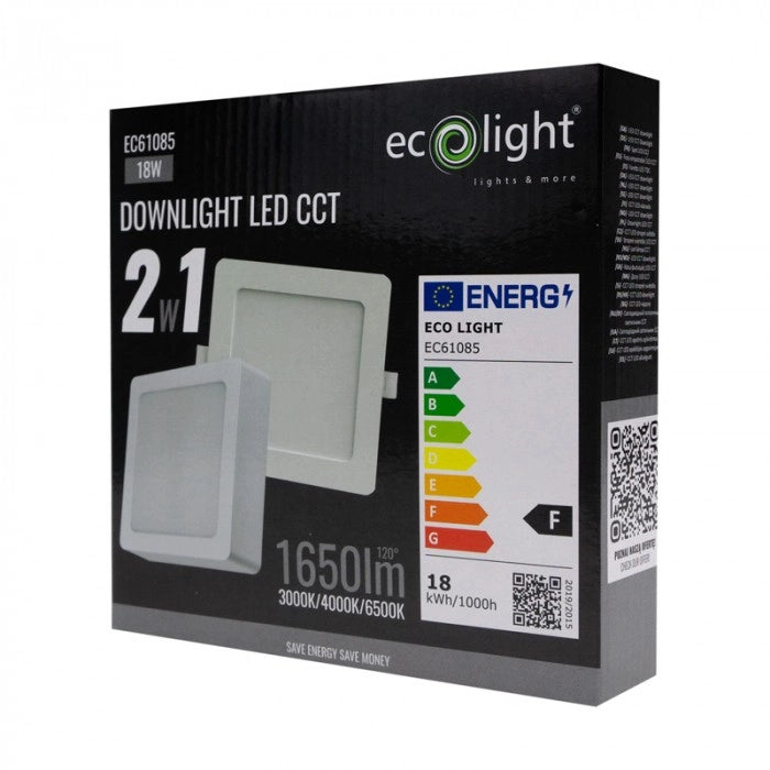 Plafoniera LED quadrata 18W CCT 2in1 bianca Ecolight