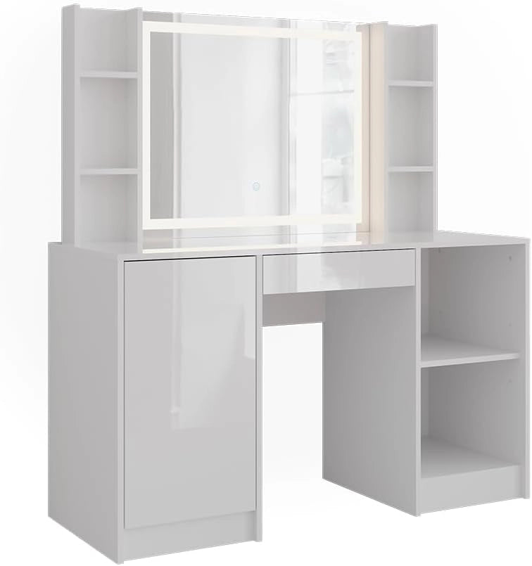 Tavolo da toeletta Sherry, Bianco/bianco lucido, 128.2 cm 4 parti