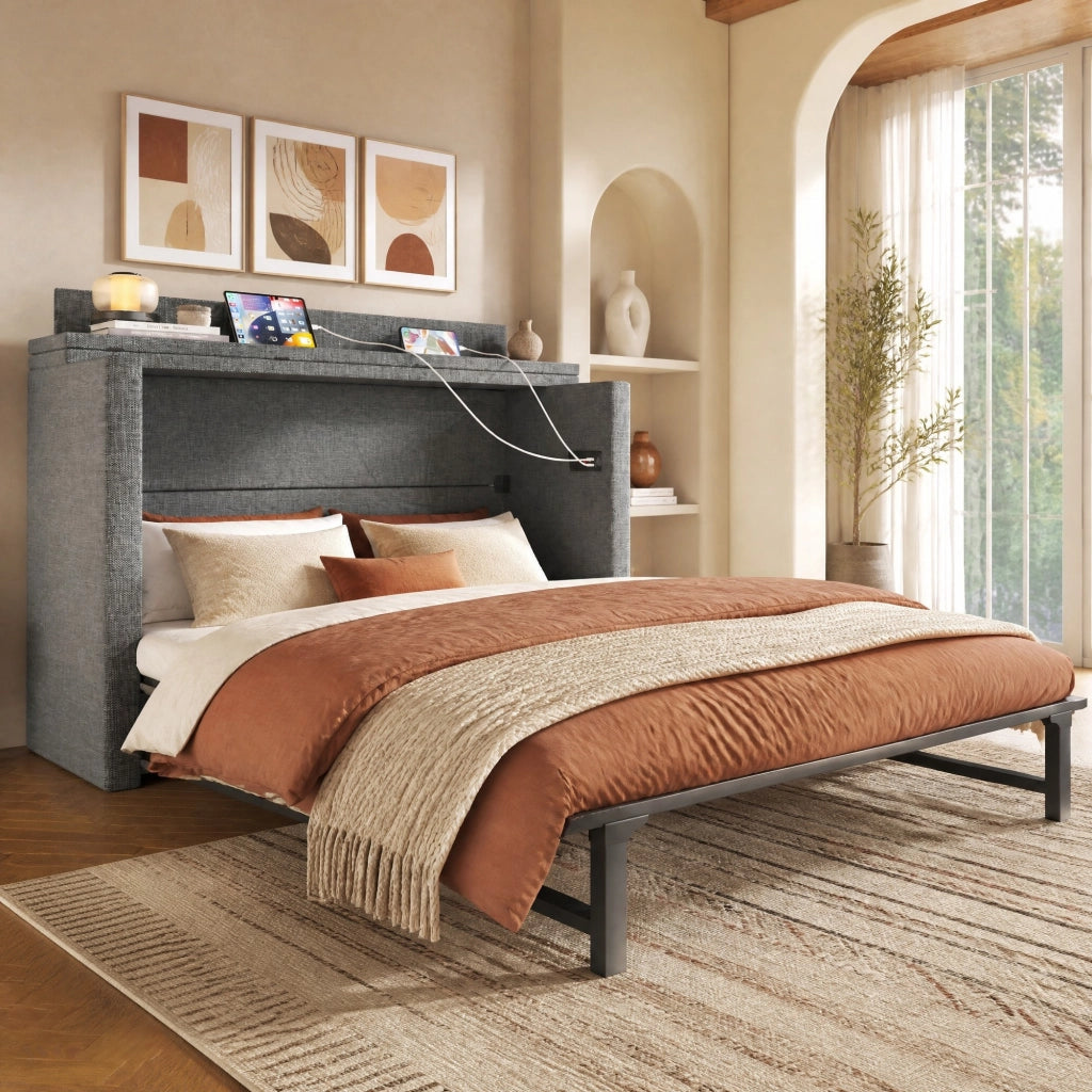 Letto a scomparsa 140x200 cm con cassetto; USB e Type-C; lino grigio