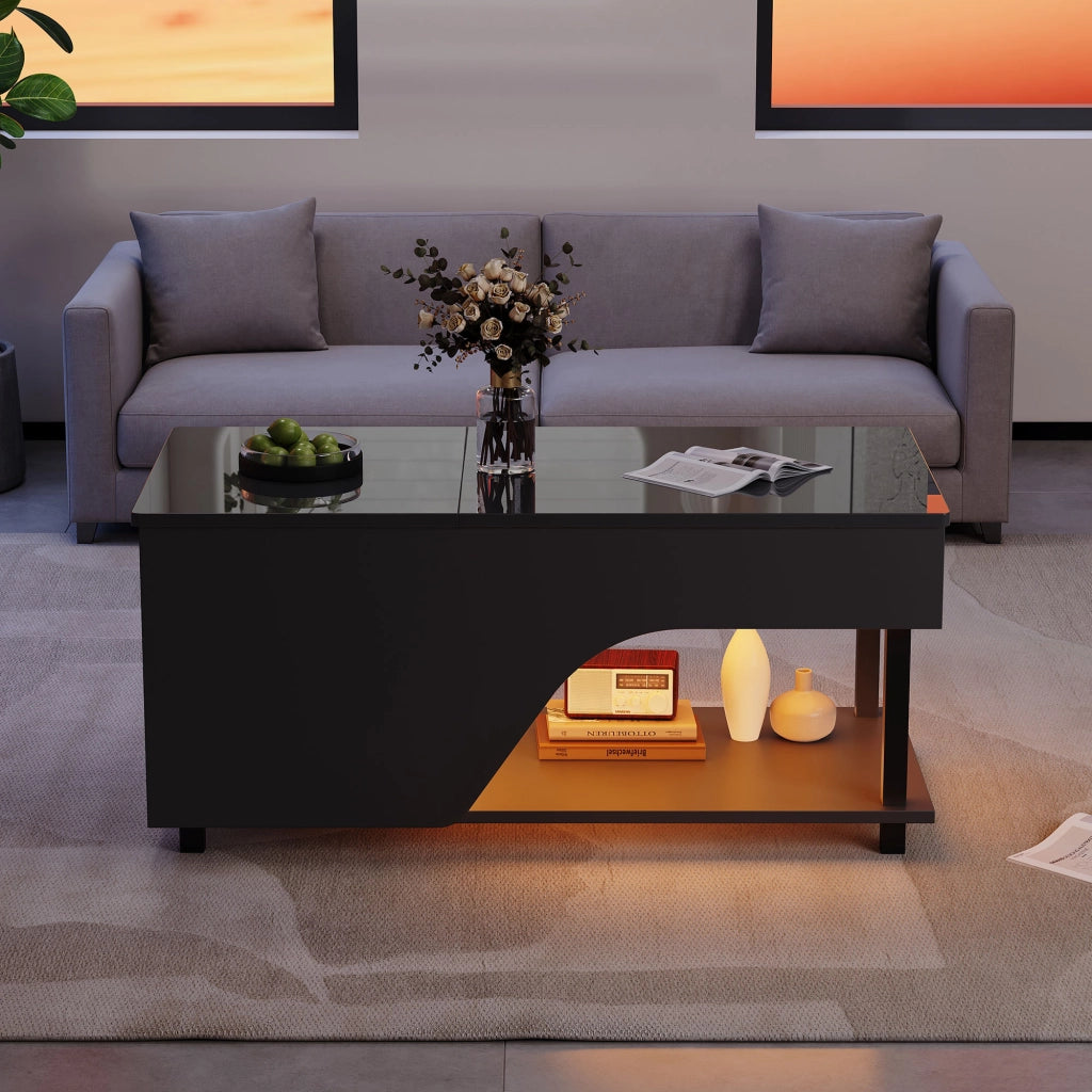 Tavolino lucido, illuminazione a LED, altezza regolabile, design traforato, 50 x 100 x 46 cm, nero