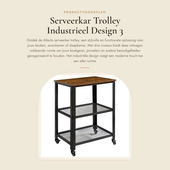 Trolley per cucina/ soggiorno a 3 livelli - 4 ruote - Struttura in legno di chiglia in stile vintage - telaio in acciaio - carico massimo 80 kg