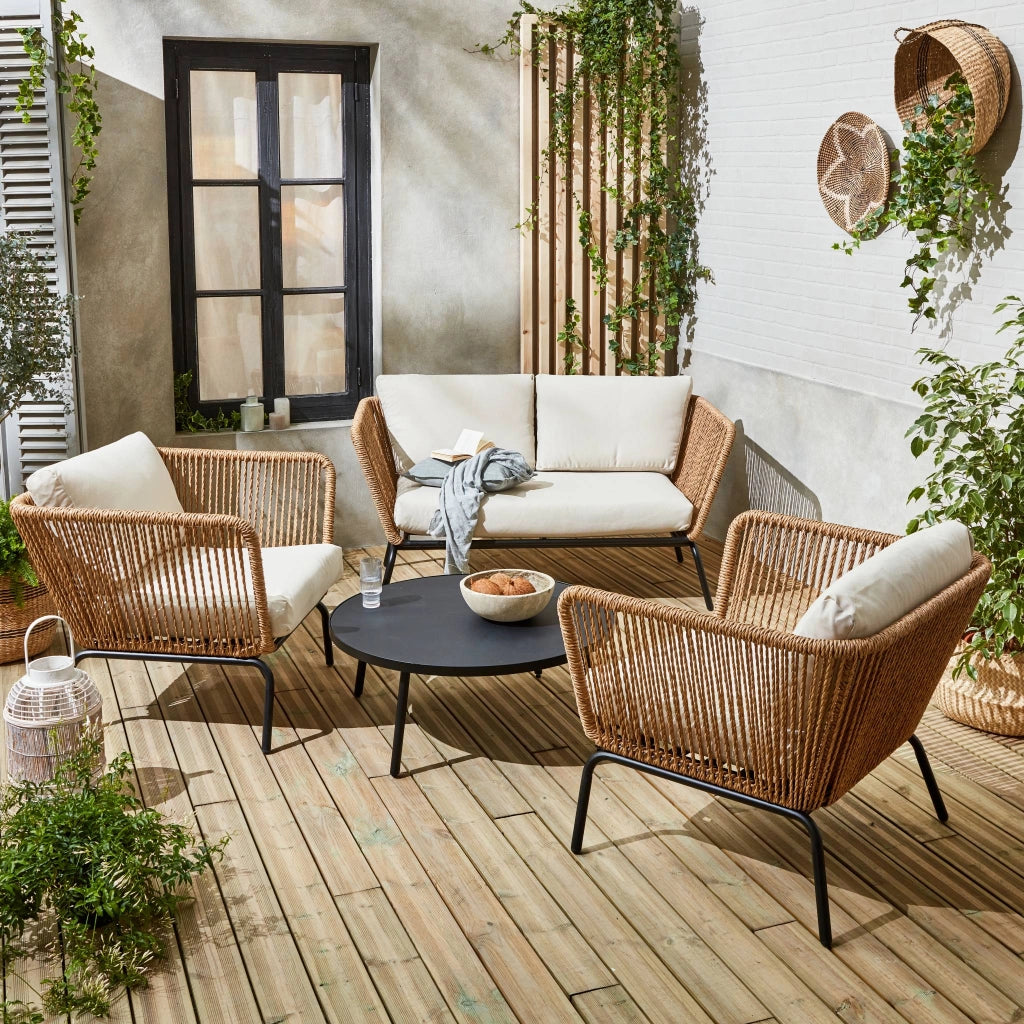 Salotto da giardino in resina intrecciata effetto rattan, 4 posti,