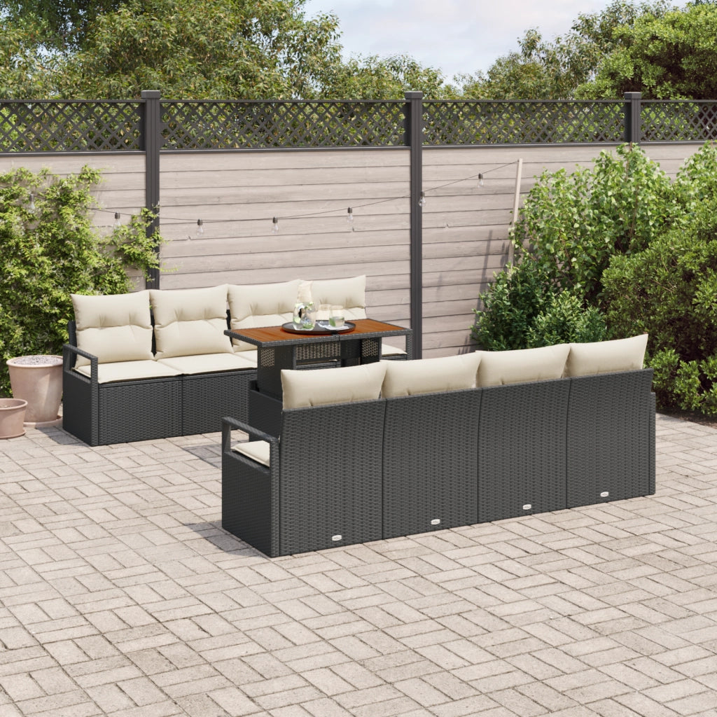 Set di divani da giardino 9 pezzi con cuscini polyrattan nero acacia