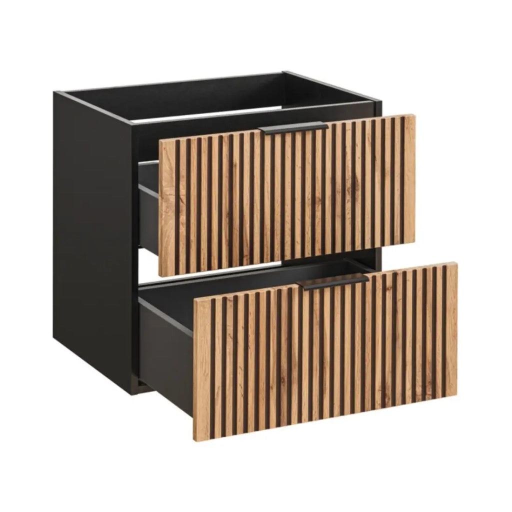 Mobile sottolavabo KINOKO – 2 cassetti – Finitura doghe in legno naturale e nero – L80 × P46 × H57 cm – Da appendere