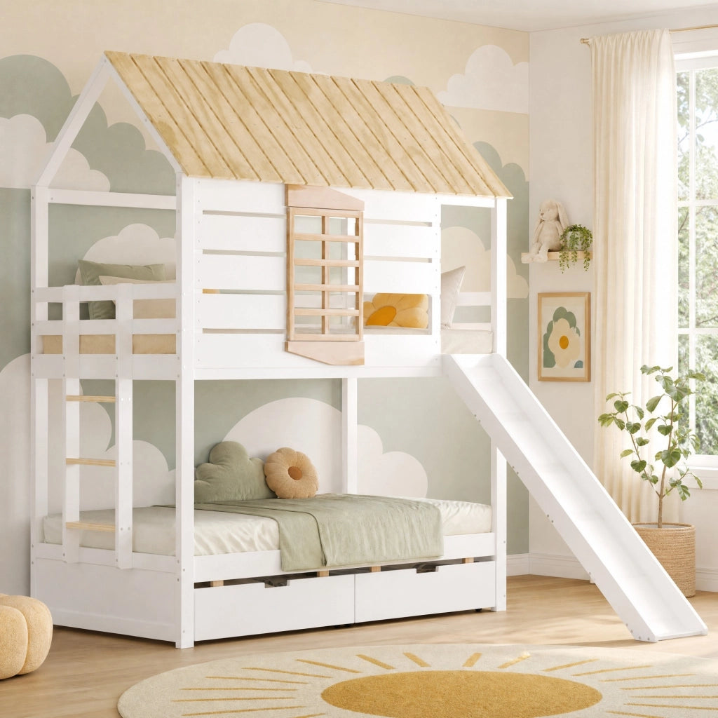 Letto a castello a casetta 90 x 200 cm con scivolo e 2 cassetti; bianco e naturale