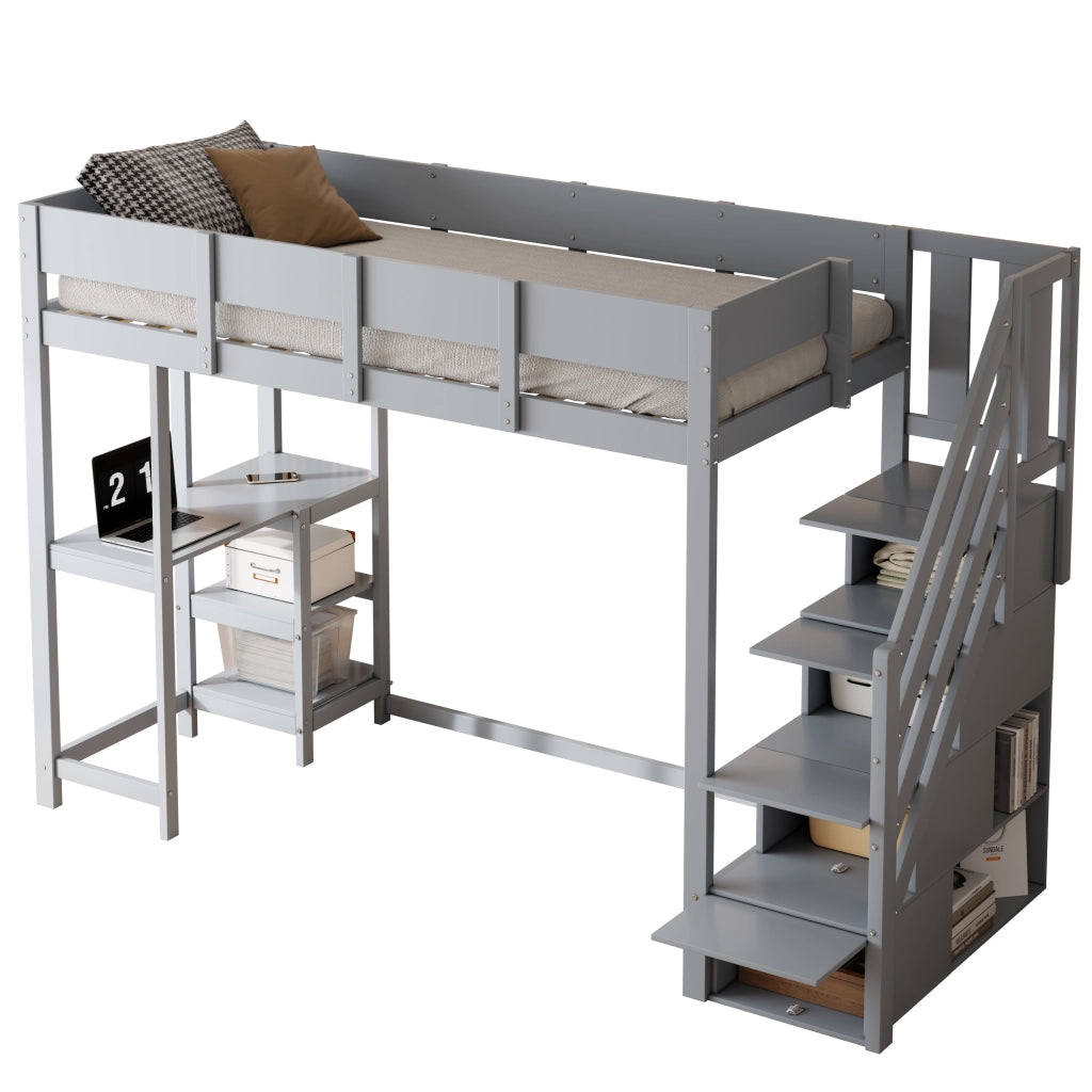 OKWISH Letto a Soppalco 90×200 cm, Letto Singolo con Scala Contenitore, Mensola integrata e Sponde, senza Materasso, Grigio