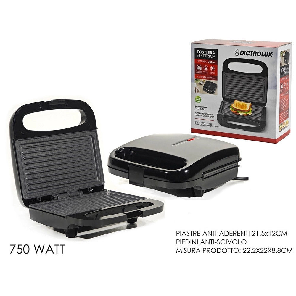 Trade Shop - Tostiera Elettrica 750w Ampie Piastre Antiaderenti Piedini Antiscivolo Manico Termoisolato -