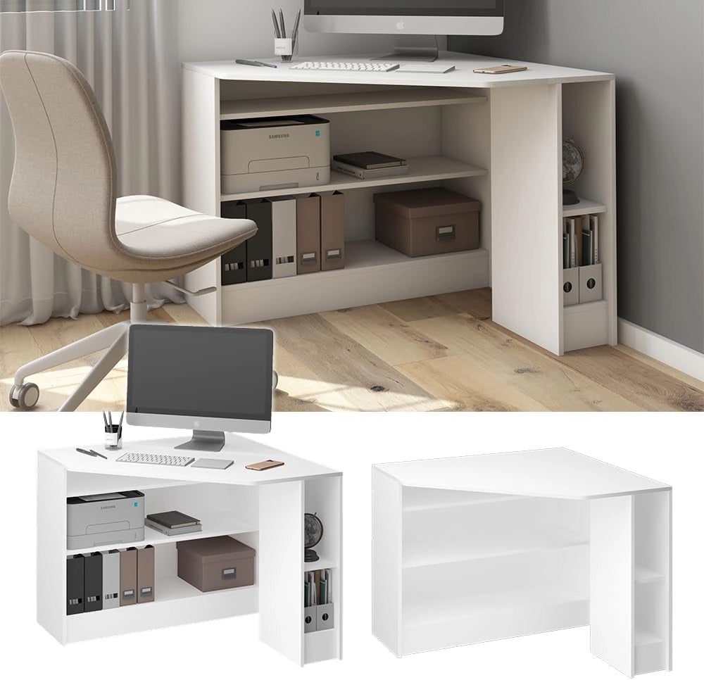 Scrivania angolare Alvaro, Bianco, 94 x 94 cm, con ripiani aperti per un utilizzo flessibile nell'area di lavoro