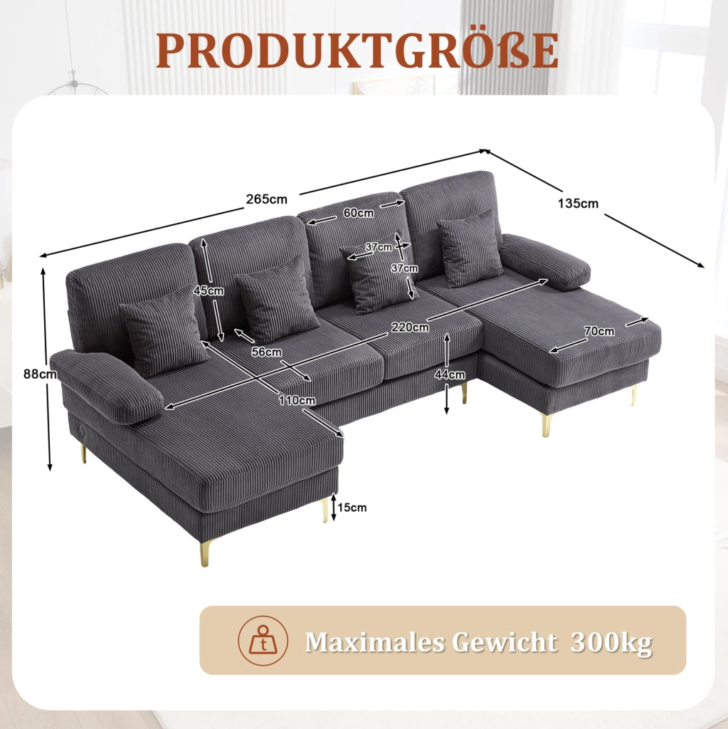 Divano a U in velluto grigio con LED e porta USB
