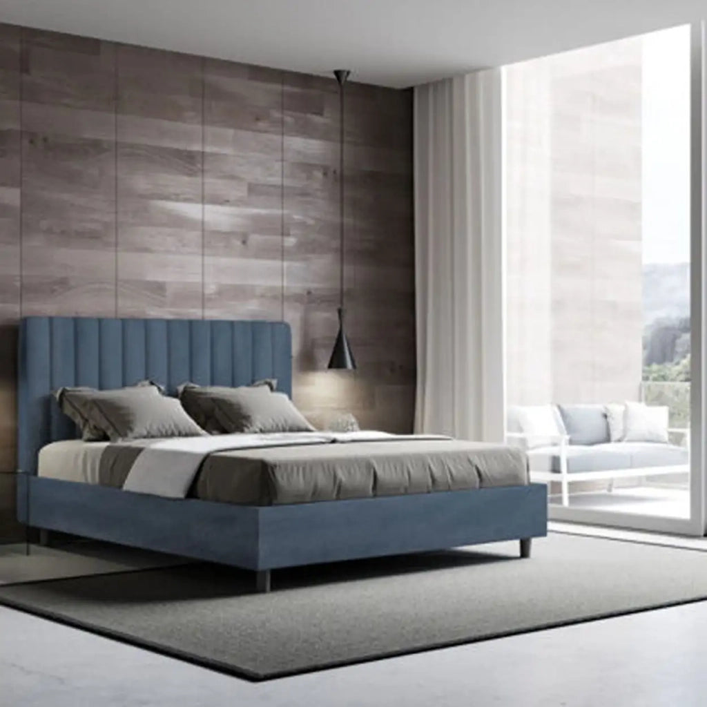 Letto matrimoniale contenitore imbottito 160x210 microfibra blu Agueda