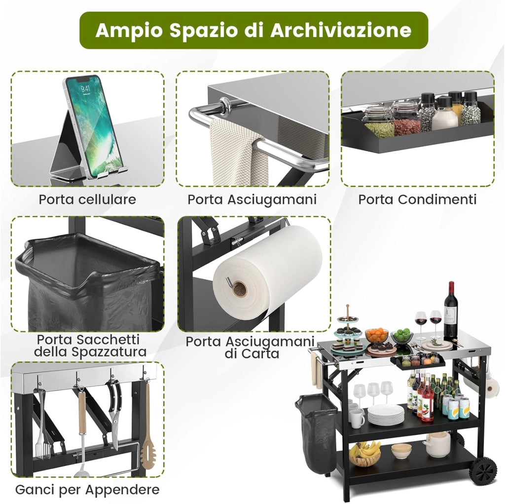 Carrello Barbecue da Esterno con 3 Ripiani, Carrello da Cucina Esterno con Ripiano Regolabile, Carrello Multifunzionale per Esterno, Struttura in metallo