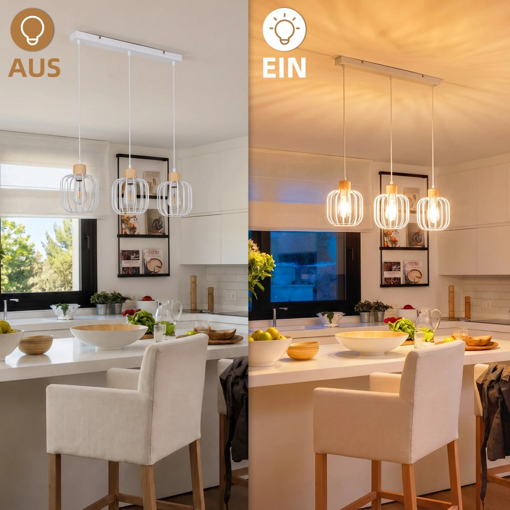 ZMH Lampada a Sospensione 3 Luci Bianco Legno E27 Moderna per Cucina Soggiorno Camera Isola Senza Lampadina