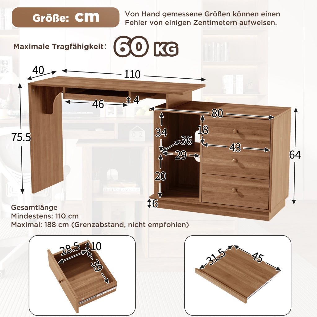 Scrivania multifunzione estensibile con 3 cassetti e 2 vani aperti; 110 cm; MDF color noce