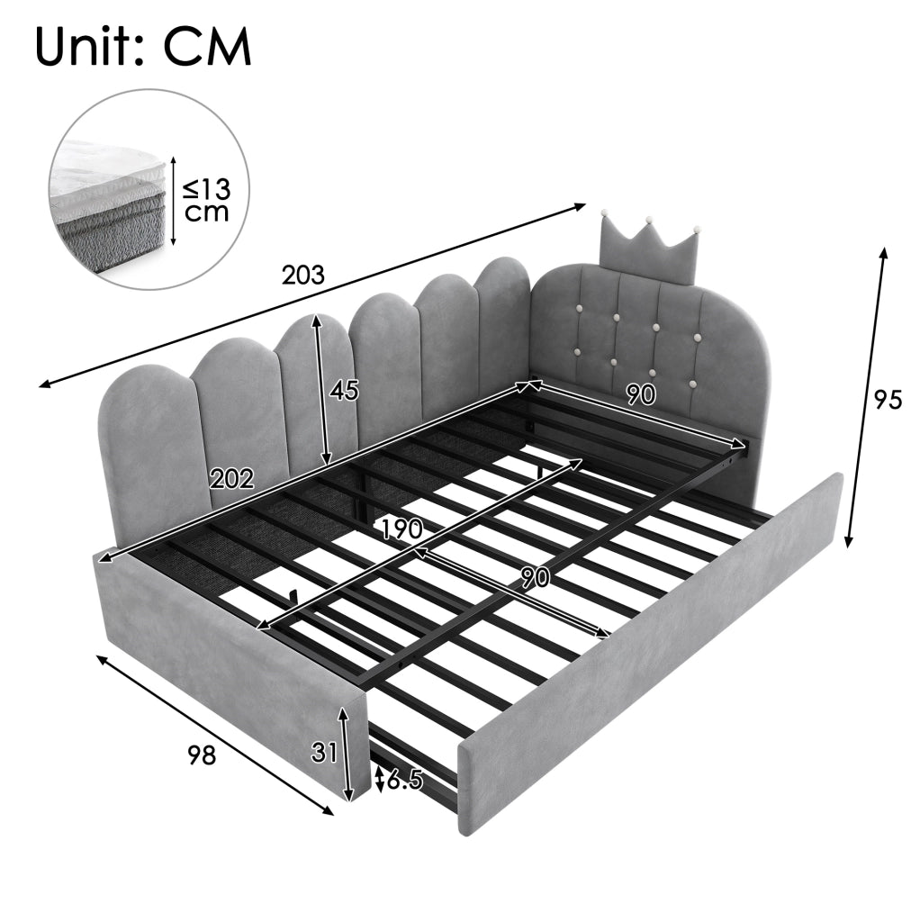 Letto singolo con letto estraibile L; design corona e griglia; 90x200 cm; velluto grigio