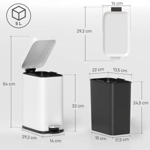 Pattumiera a pedale 5 L in metallo con secchio interno rimovibile, bianco
