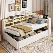 Letto imbottito con funzione divano letto in velluto beige 90x200 cm